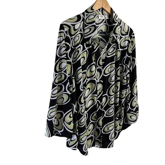 Cato Retro Pattern Button Up Blouse 22W 24W Black Tan Lime Green Circles Collar - Picture 6 of 9